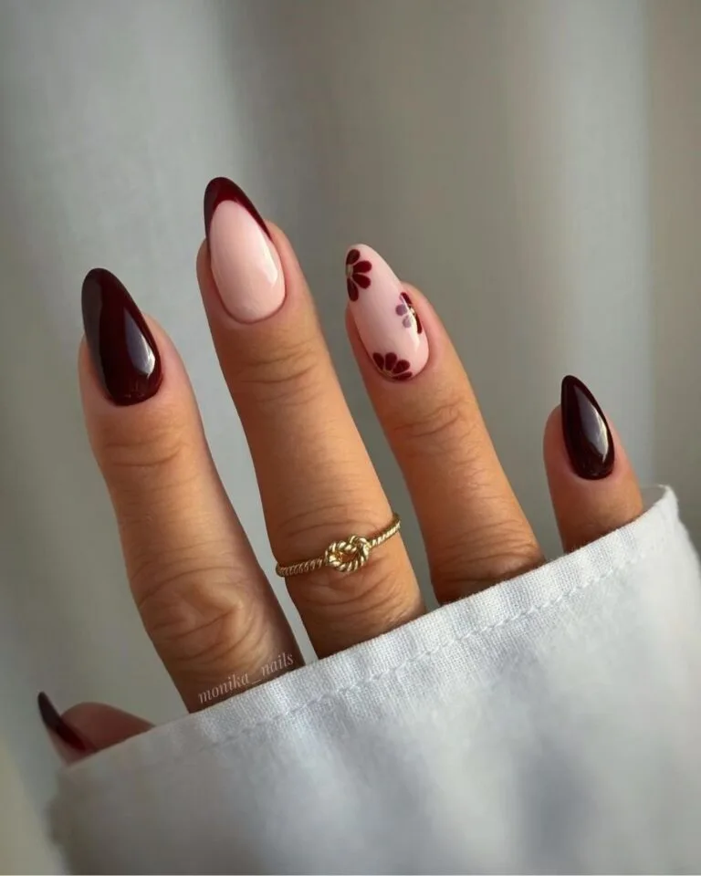 Burgundy-floral-manicure