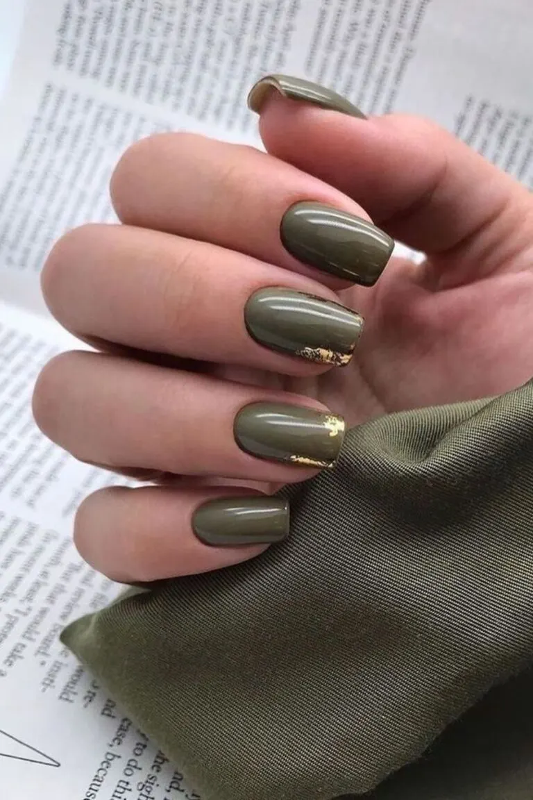 Moss-green-nails-with-gold-foil-accent