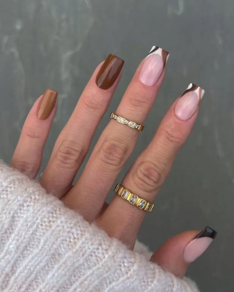 Two-shade-brown-nails-with-swirly-accent-tips