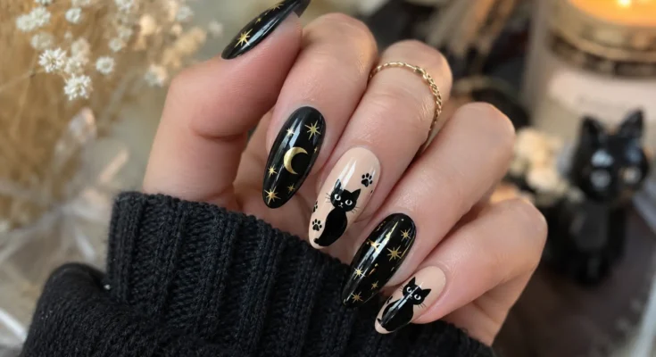 Black cat nails with glossy black polish, cute cat artwork, gold stars, moon details, and elegant Halloween-inspired nail design on real hands.