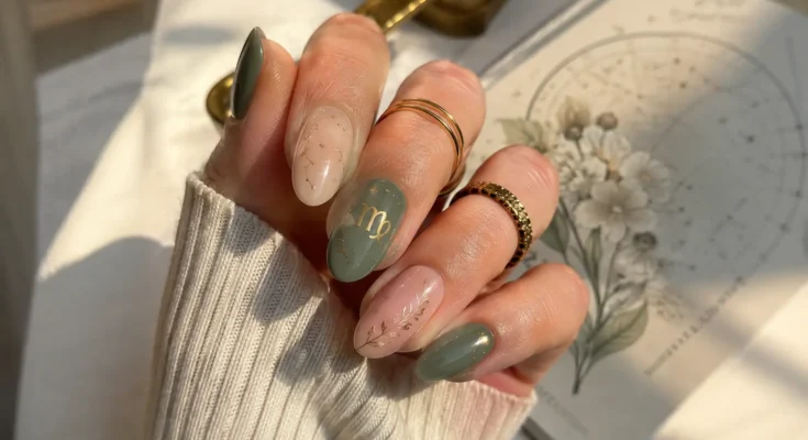 woman's hand featuring elegant Virgo-inspired almond-shaped nails in soft sage green and nude tones with delicate gold botanical details and subtle constellation-inspired accents