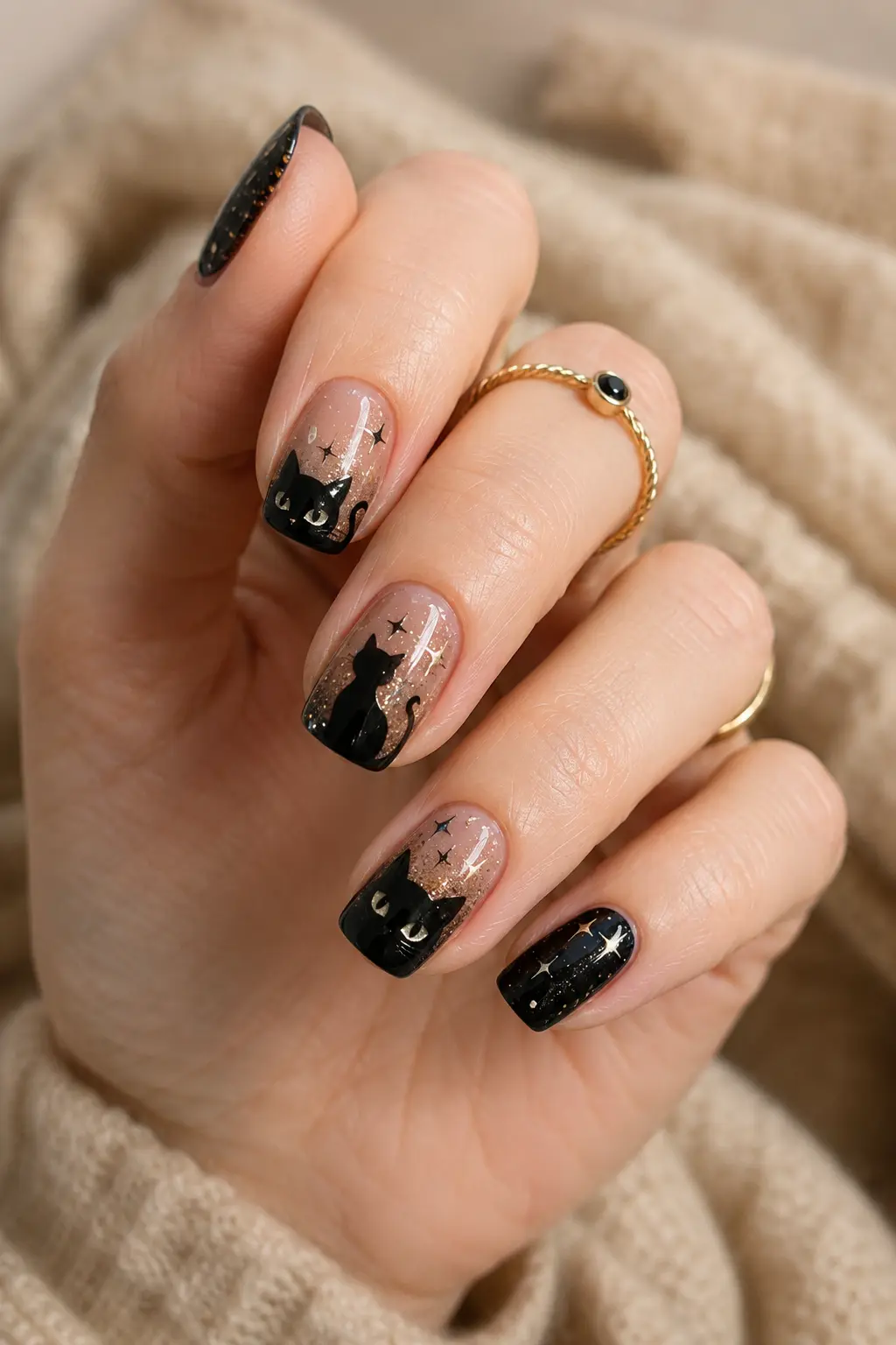 Glitter black cat nail art with glossy finish, sparkling accents, tiny stars, and elegant black cat designs on manicured nails.