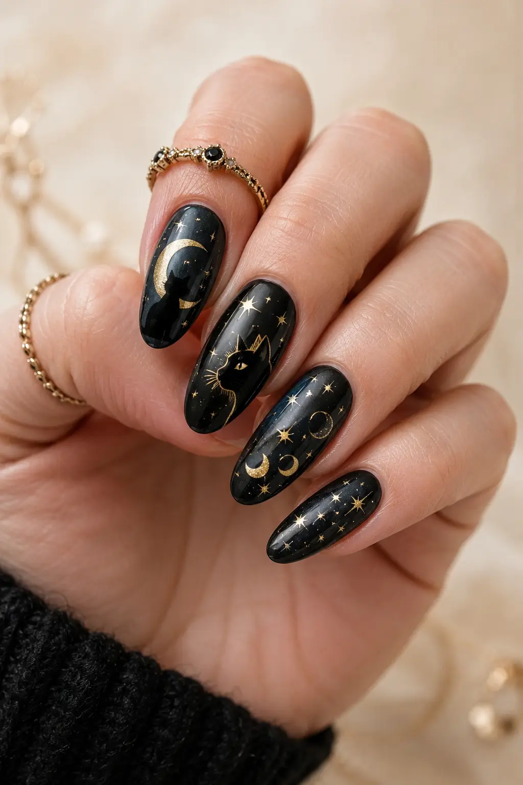 Glossy black cat moon nail art with golden crescent moons, stars, celestial details, and elegant dark manicure design.