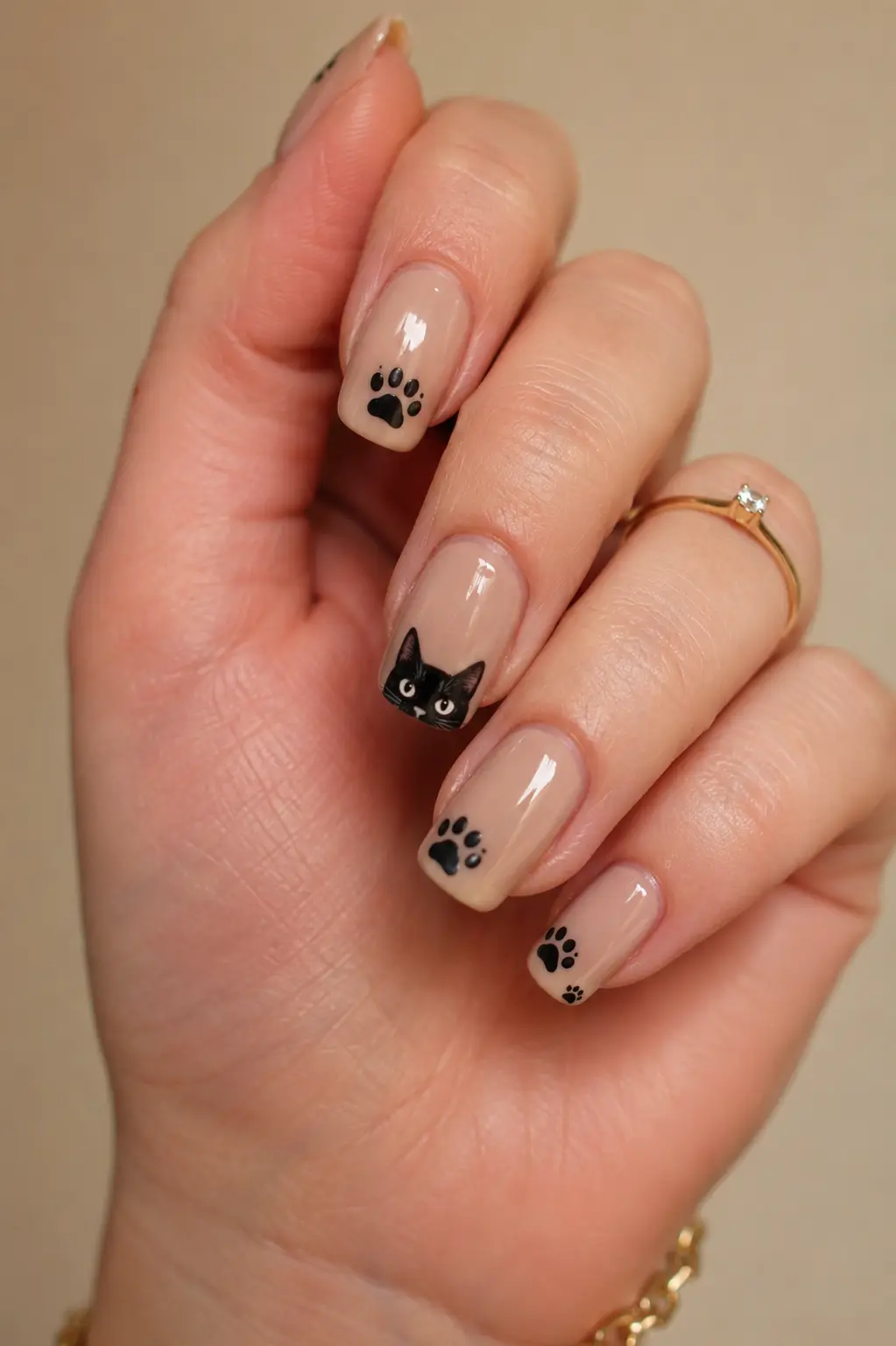 Glossy nude nails with black cat paw prints and cute cat artwork, featuring a detailed manicure with elegant jewelry and soft beige background.