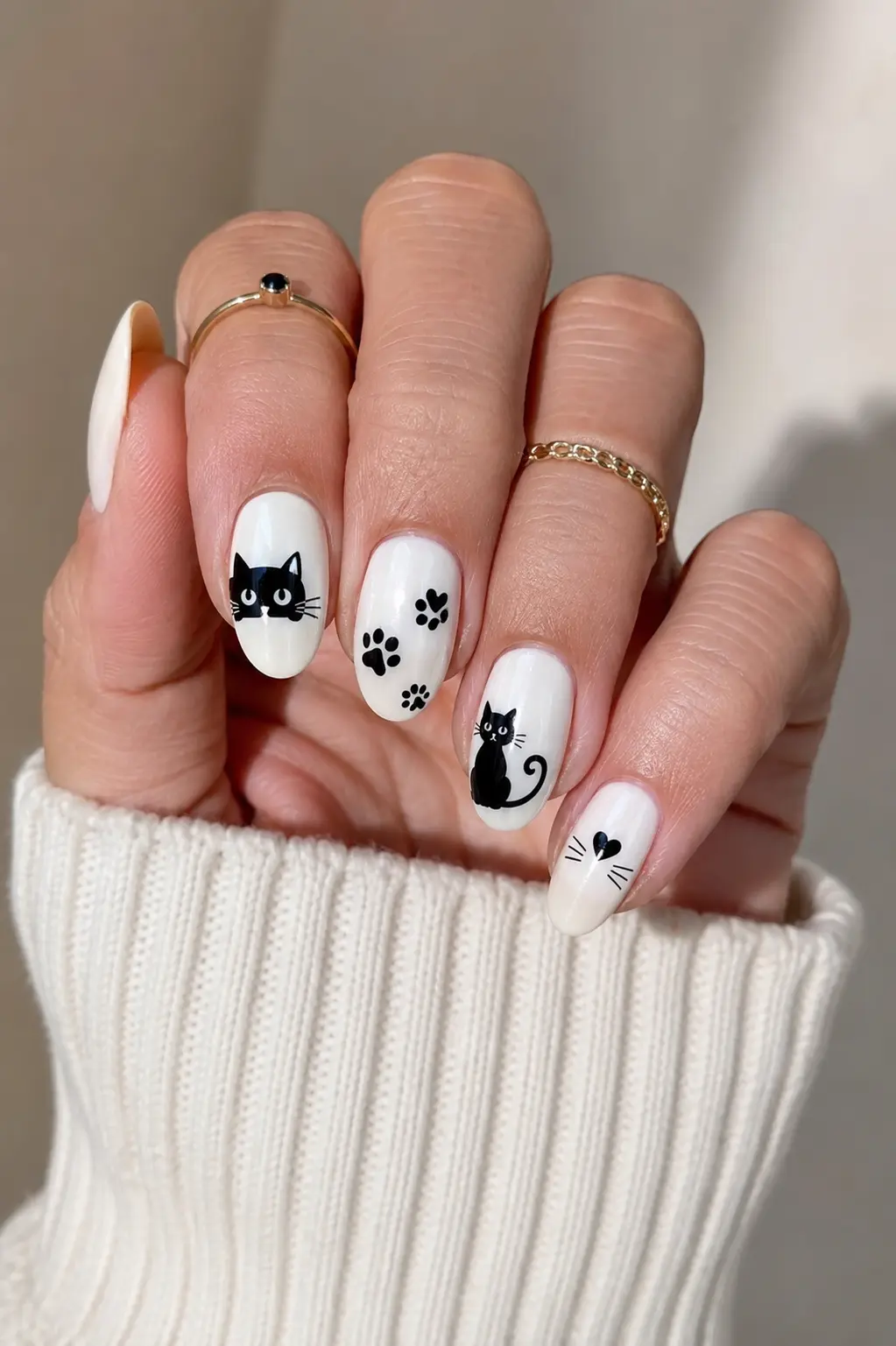 White base black cat nails with glossy finish, cute cat drawings, paw prints, and whisker details on an elegant hand with gold rings.