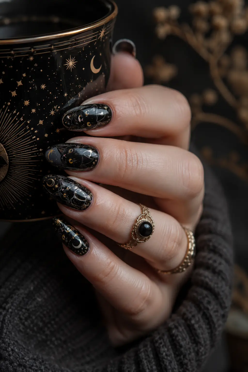 Close-up of witchy black cat nails with crescent moons, stars, and mystical designs on a hand holding a dark celestial cup.