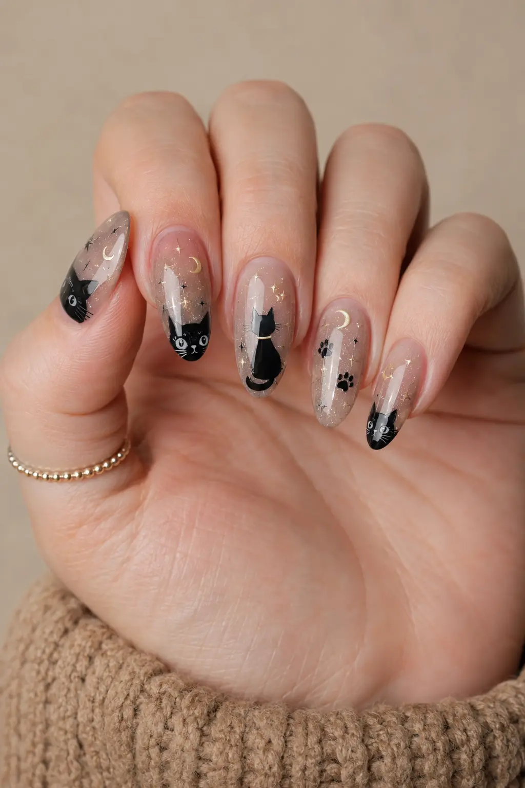 Black cat almond nails with cute cat artwork, moon accents, stars, paw prints, and glossy manicure design on an elegant hand with rings.