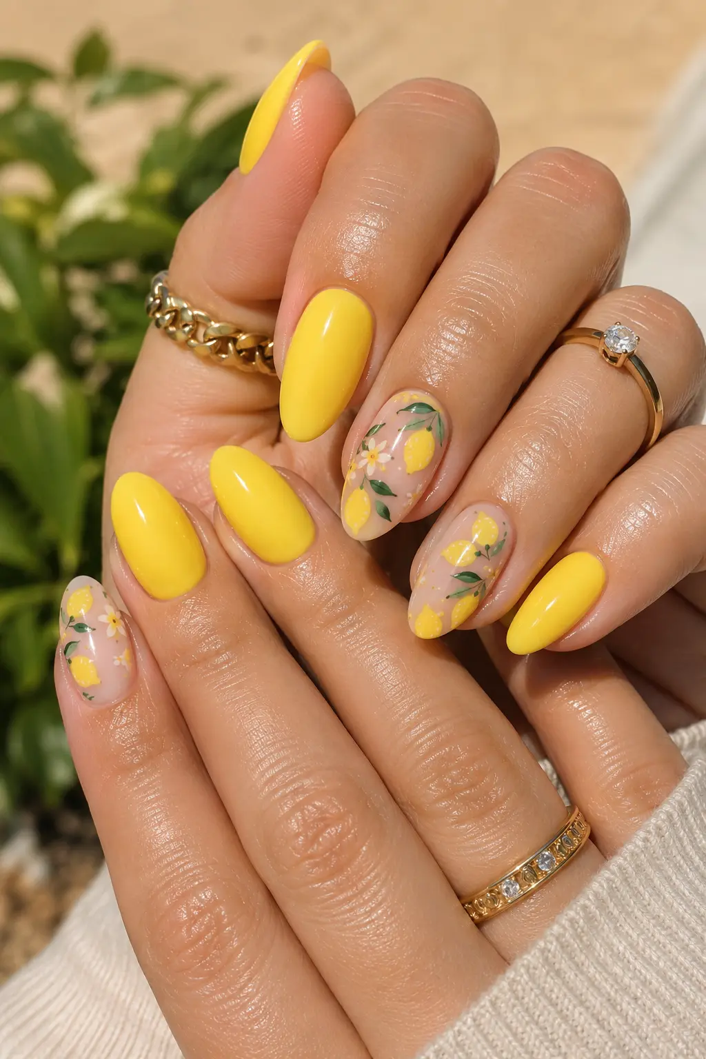 Close-up of real English woman’s hands with bright lemon yellow summer nails, glossy gel polish, almond nail shape, lemon nail art accents, gold rings, and luxury July manicure design in natural sunlight.