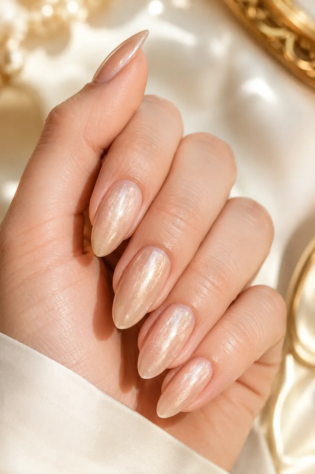 woman's hand with glossy champagne shimmer almond-shaped nails, featuring a luminous finish against a warm ivory luxury background in bright natural daylight.