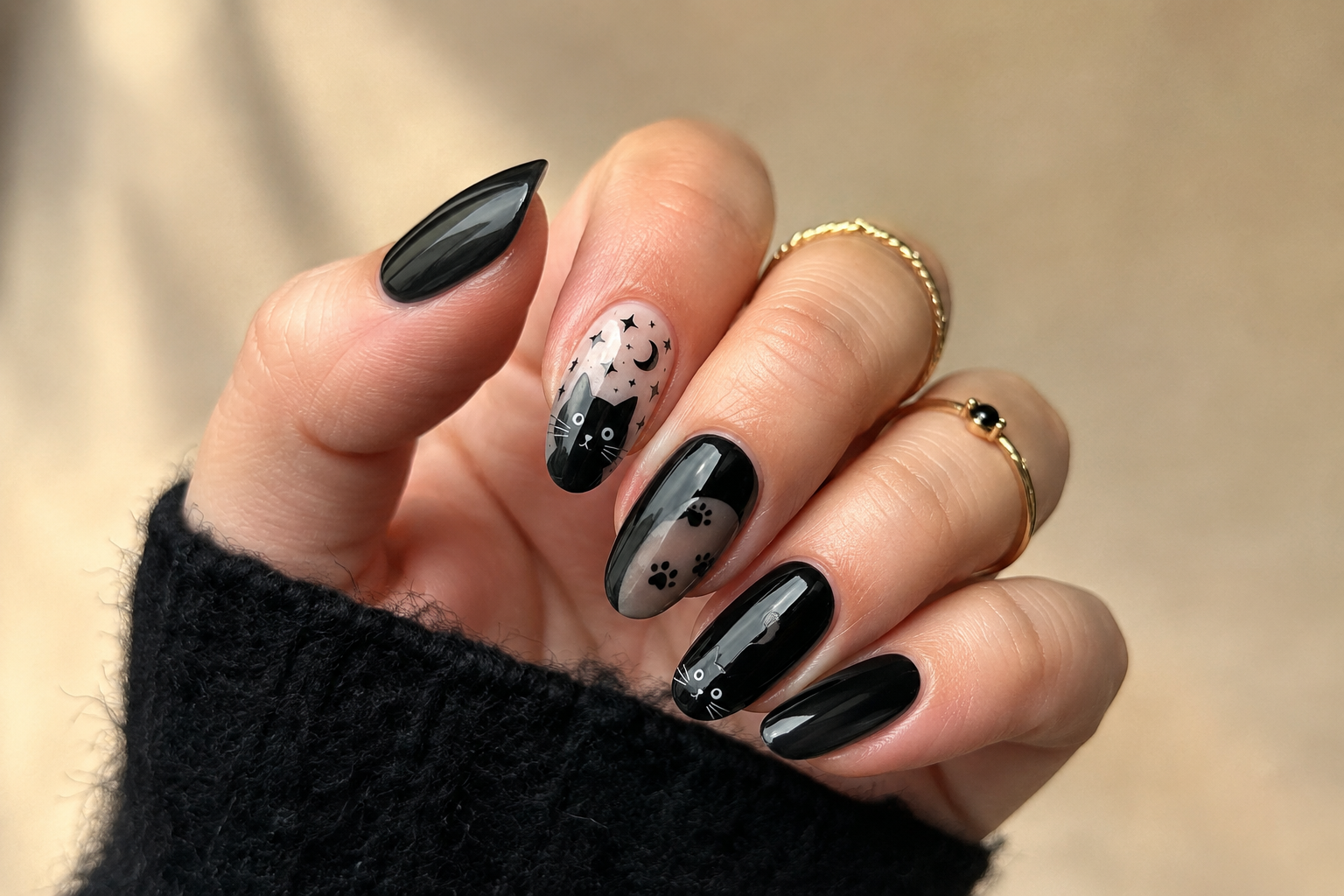 Glossy black cat nail art with cute cat silhouettes, paw prints, tiny whisker details, and spooky accents on a realistic woman’s hand with elegant rings.