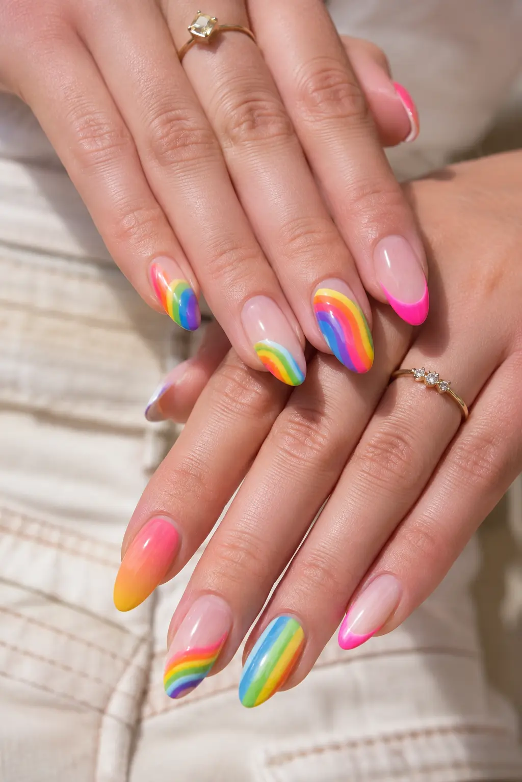 close-up of English woman’s hands with colorful rainbow summer July nail designs, featuring glossy gel nails, pastel gradients, bright rainbow French tips, gold rings, and natural manicure photography.