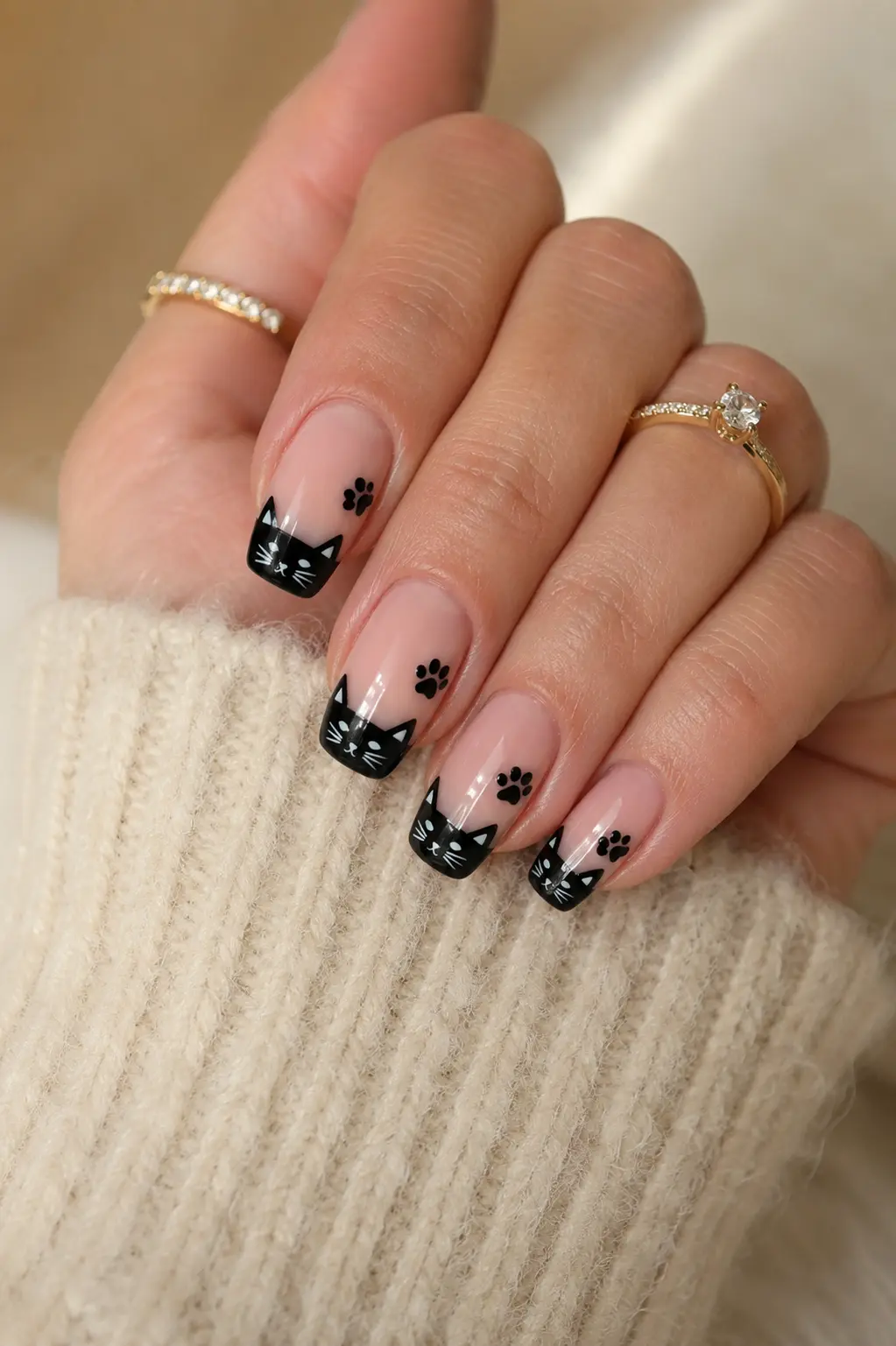 Close-up of glossy nude nails with black cat French tips, cute cat ears, paw print nail art, and elegant gold rings.