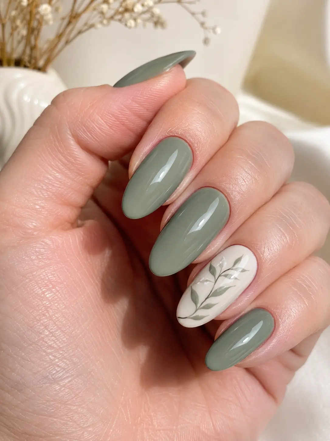 woman's hand with glossy eucalyptus green almond-shaped nails featuring one white botanical accent nail