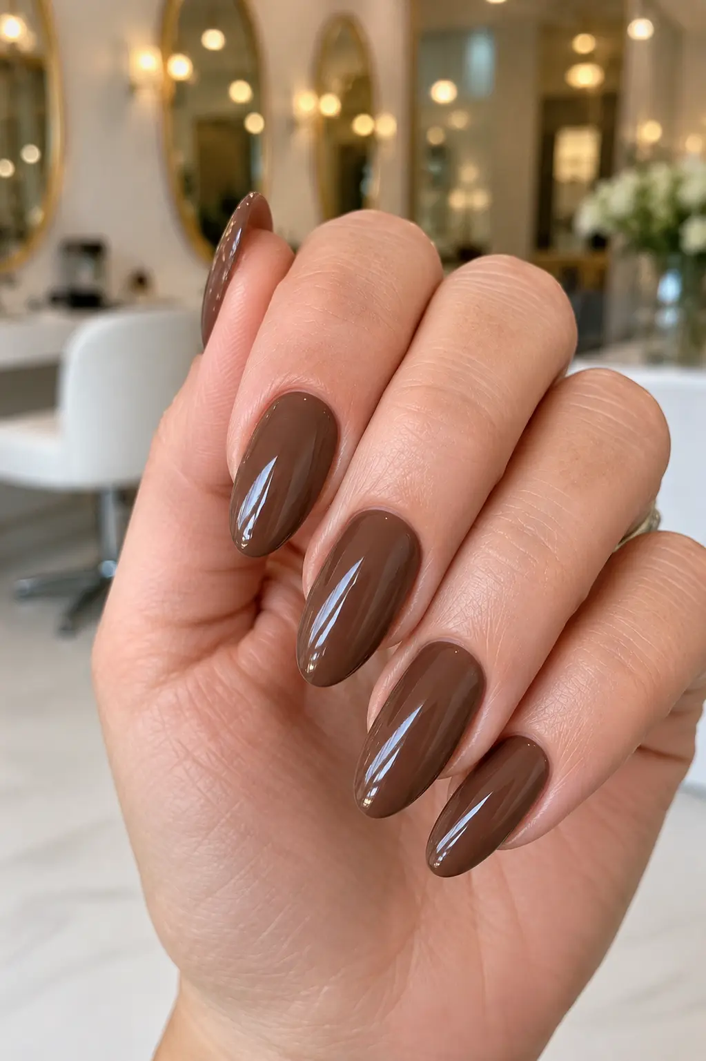 oman's hand with glossy mocha brown almond-shaped nails, all featuring a smooth, uniform finish