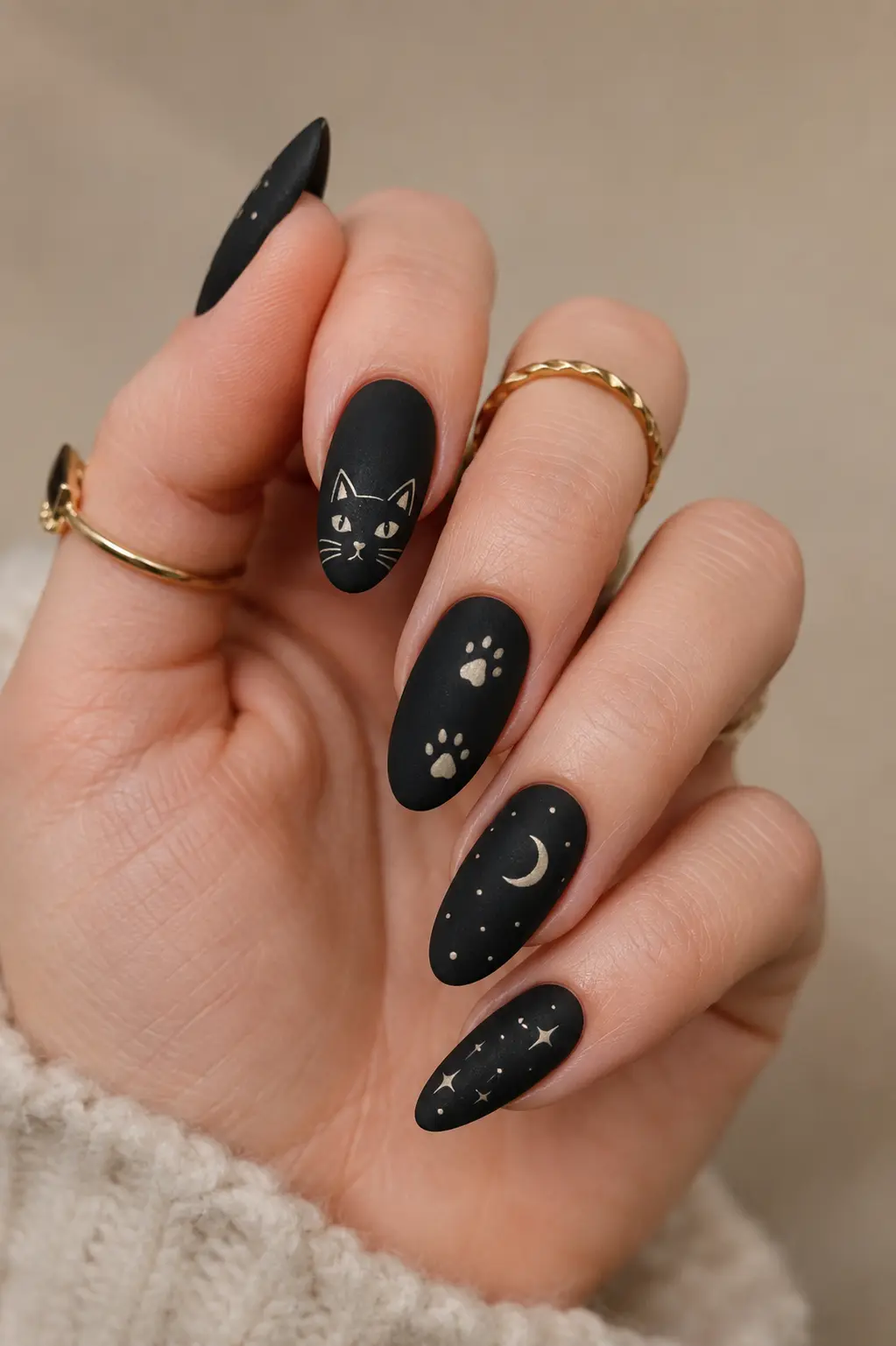 Matte black cat nail art with cute cat faces, paw prints, crescent moon details, and elegant spooky accents on almond-shaped nails.