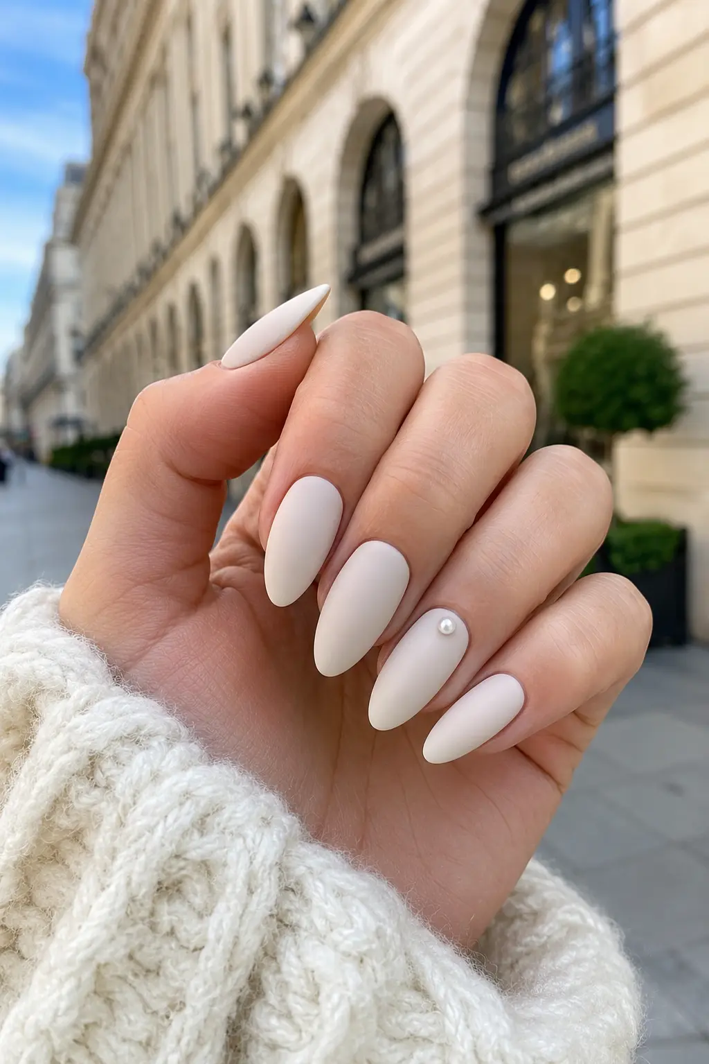 woman's hand with matte ivory almond-shaped nails featuring a single tiny pearl accent
