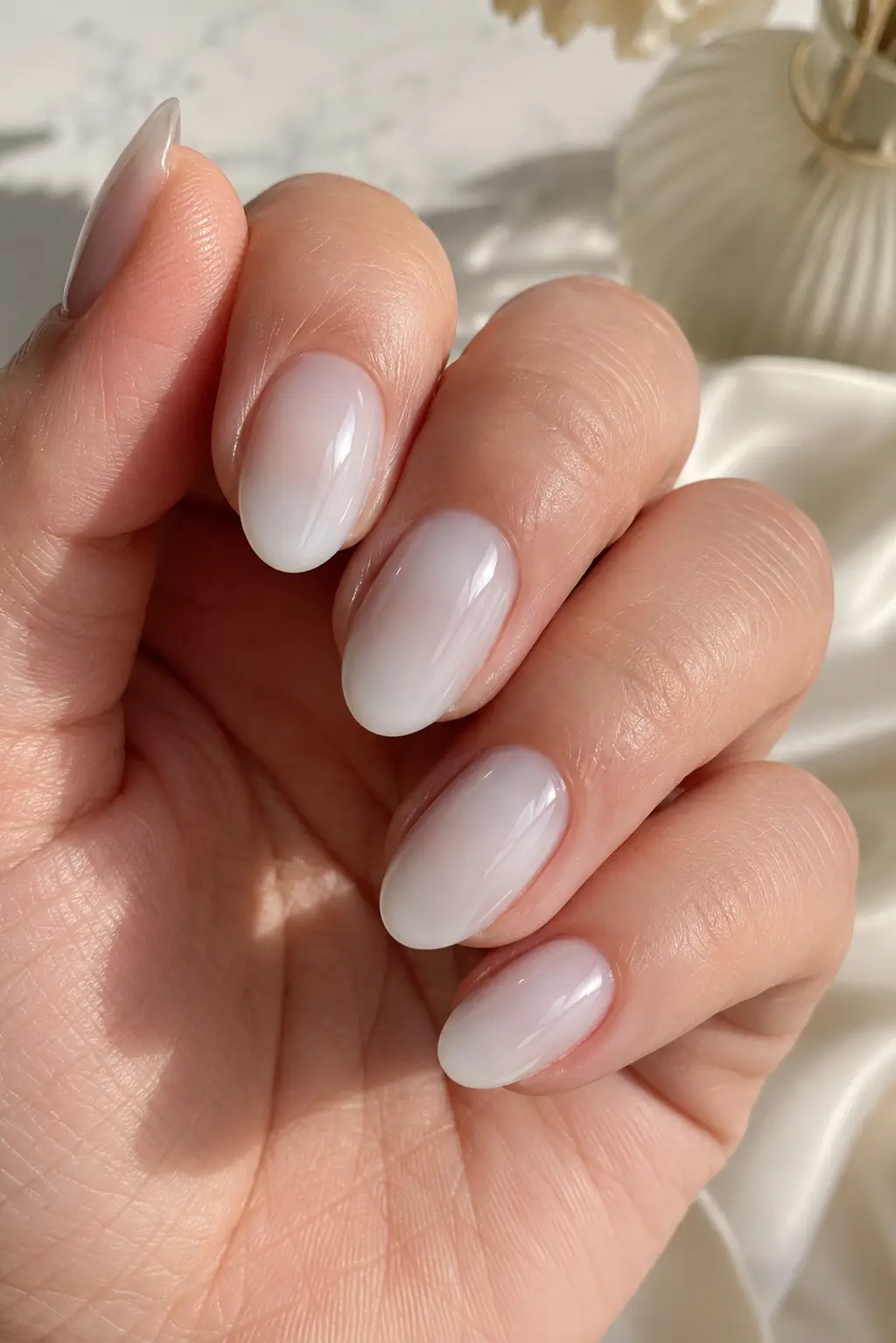 woman's hand featuring glossy milky white oval nails with a soft translucent finish, photographed in bright natural daylight against an elegant ivory luxury background with realistic skin texture.