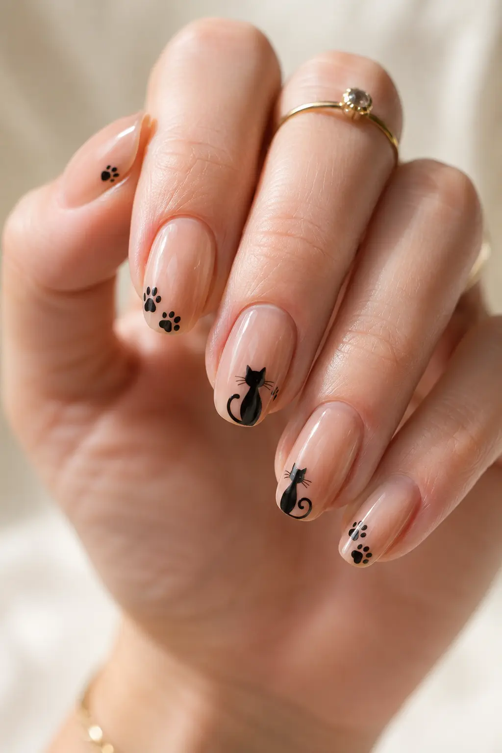 Minimal black cat nail art on nude glossy nails with tiny cat designs, paw prints, clean cuticles, and elegant jewelry.