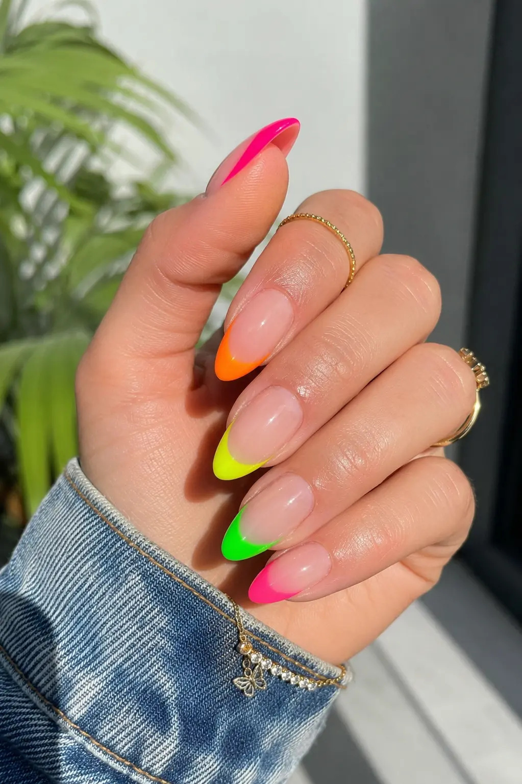 woman’s hand featuring bright neon summer July nail designs with pink, orange, yellow, and green colorful French tips, glossy almond-shaped gel nails, clean cuticles, gold jewelry, and natural daylight.