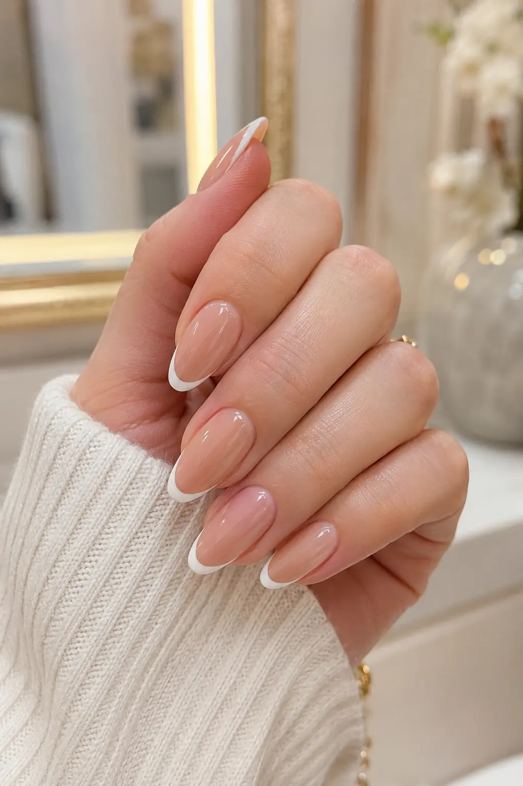 woman's hand with elegant almond-shaped nude French manicure, featuring thin glossy white tips against a soft cream luxury salon background in bright natural daylight.
