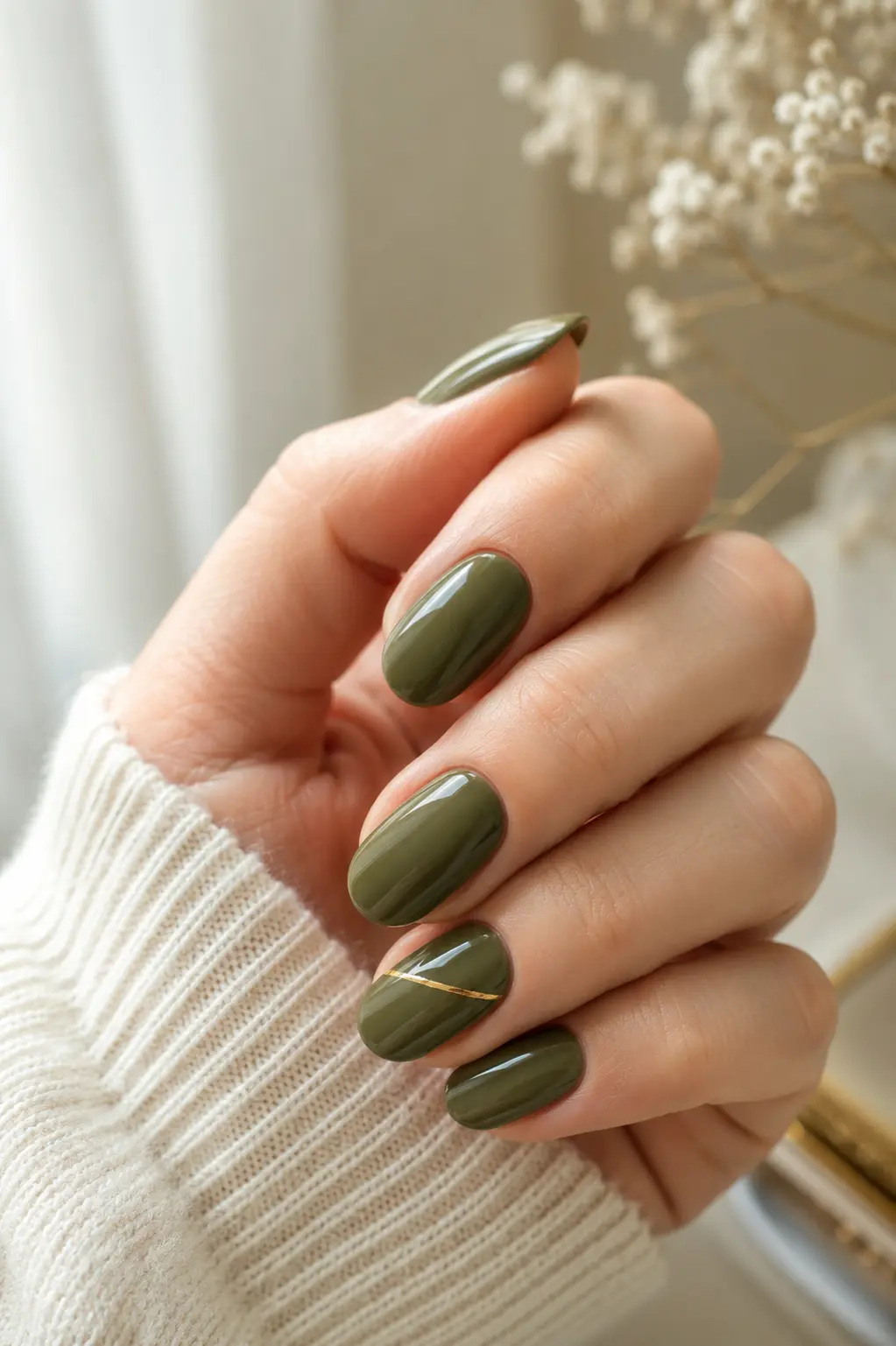 woman's hand with glossy olive green oval nails featuring a single delicate gold line accent, photographed in soft natural daylight against an elegant cream background with realistic skin texture and a luxury salon aesthetic.
