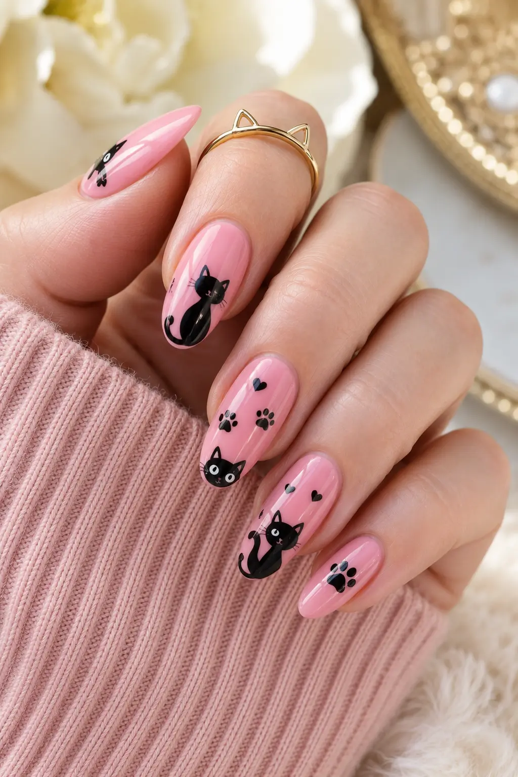 Glossy pastel pink nails with cute black cat art, tiny paw prints, hearts, and delicate gold ring details in a soft feminine manicure style.