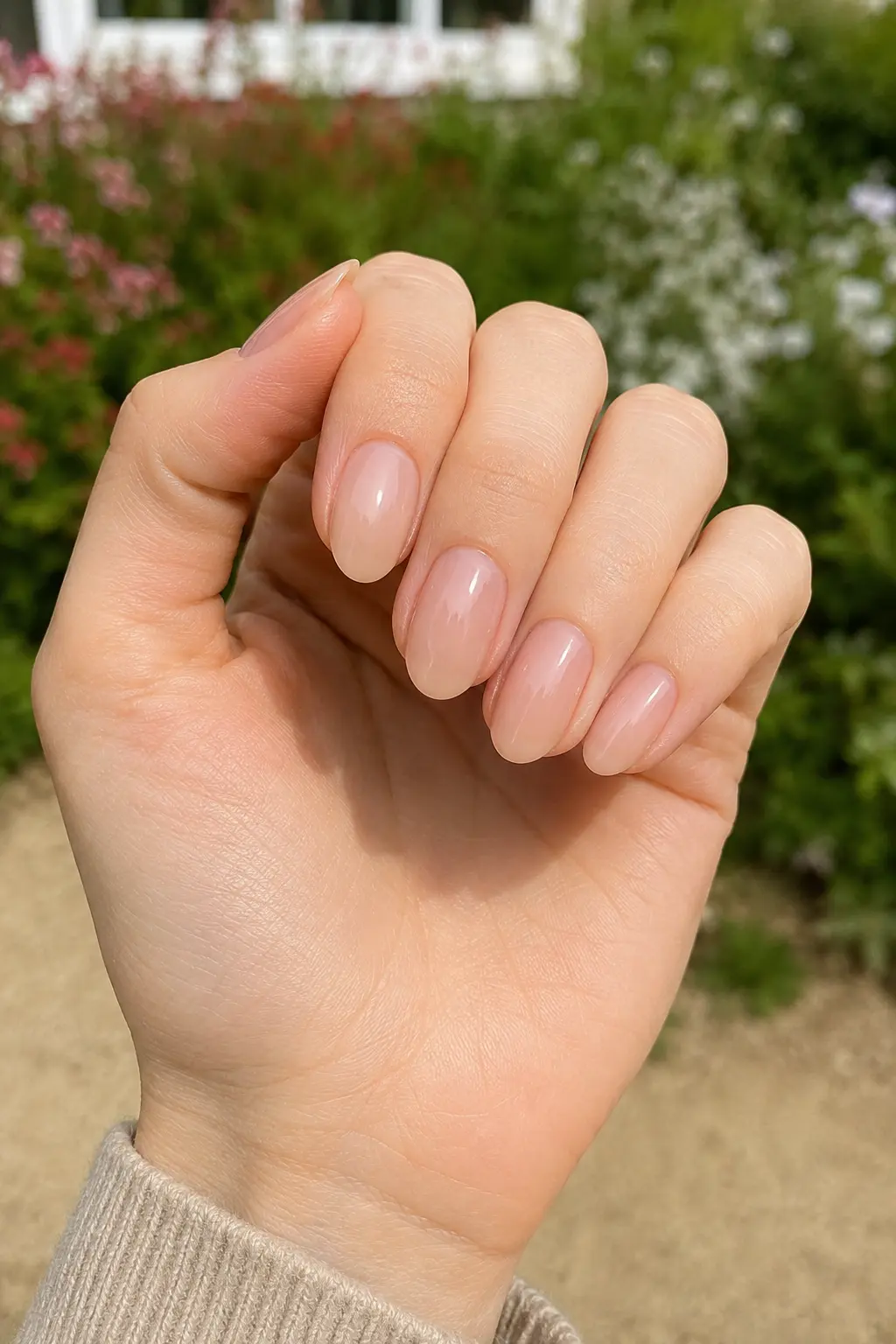 woman's hand featuring glossy sheer nude oval nails with an ultra-natural finish, photographed in bright natural daylight against a softly blurred garden background.