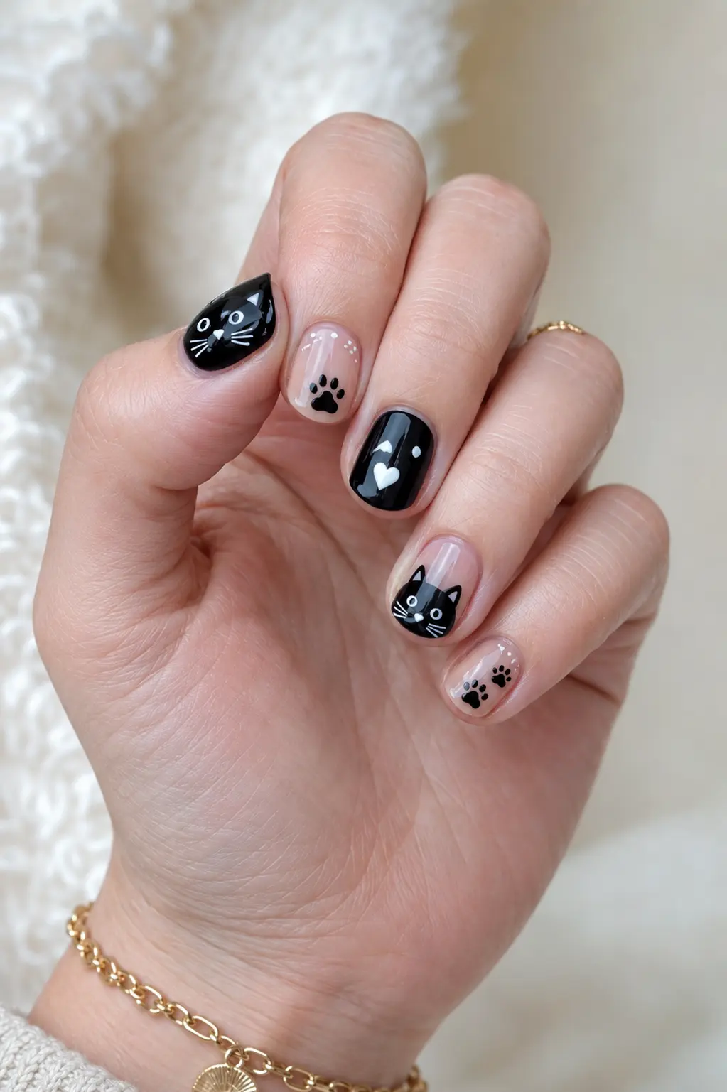 Short glossy black cat nails with cute cat faces, whiskers, paw prints, and playful details on a natural hand with elegant jewelry.