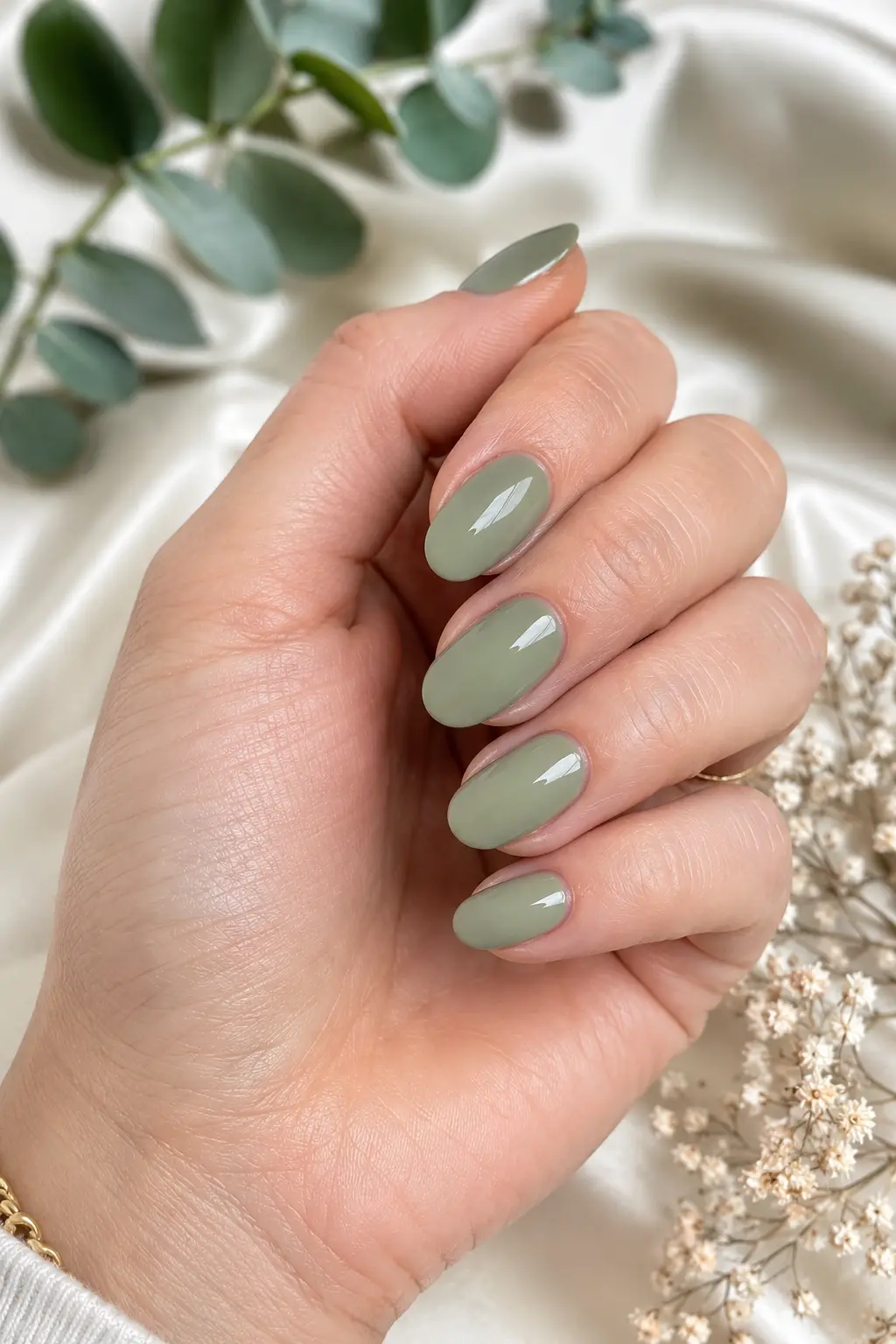 woman's hand with short almond-shaped nails painted glossy soft sage green, photographed in bright natural daylight against a luxurious cream