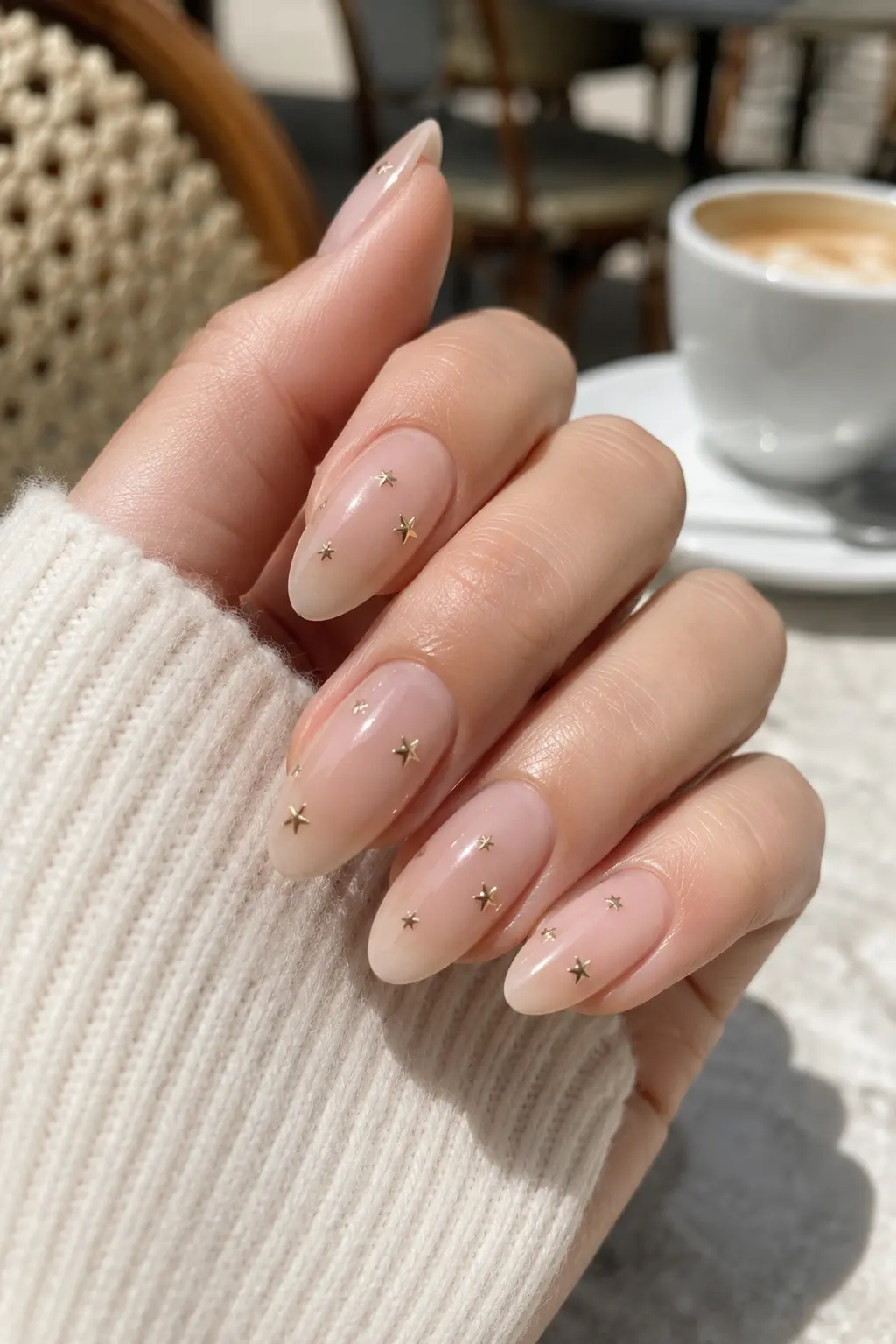 woman's hand featuring glossy nude almond-shaped nails with tiny metallic gold star accents,