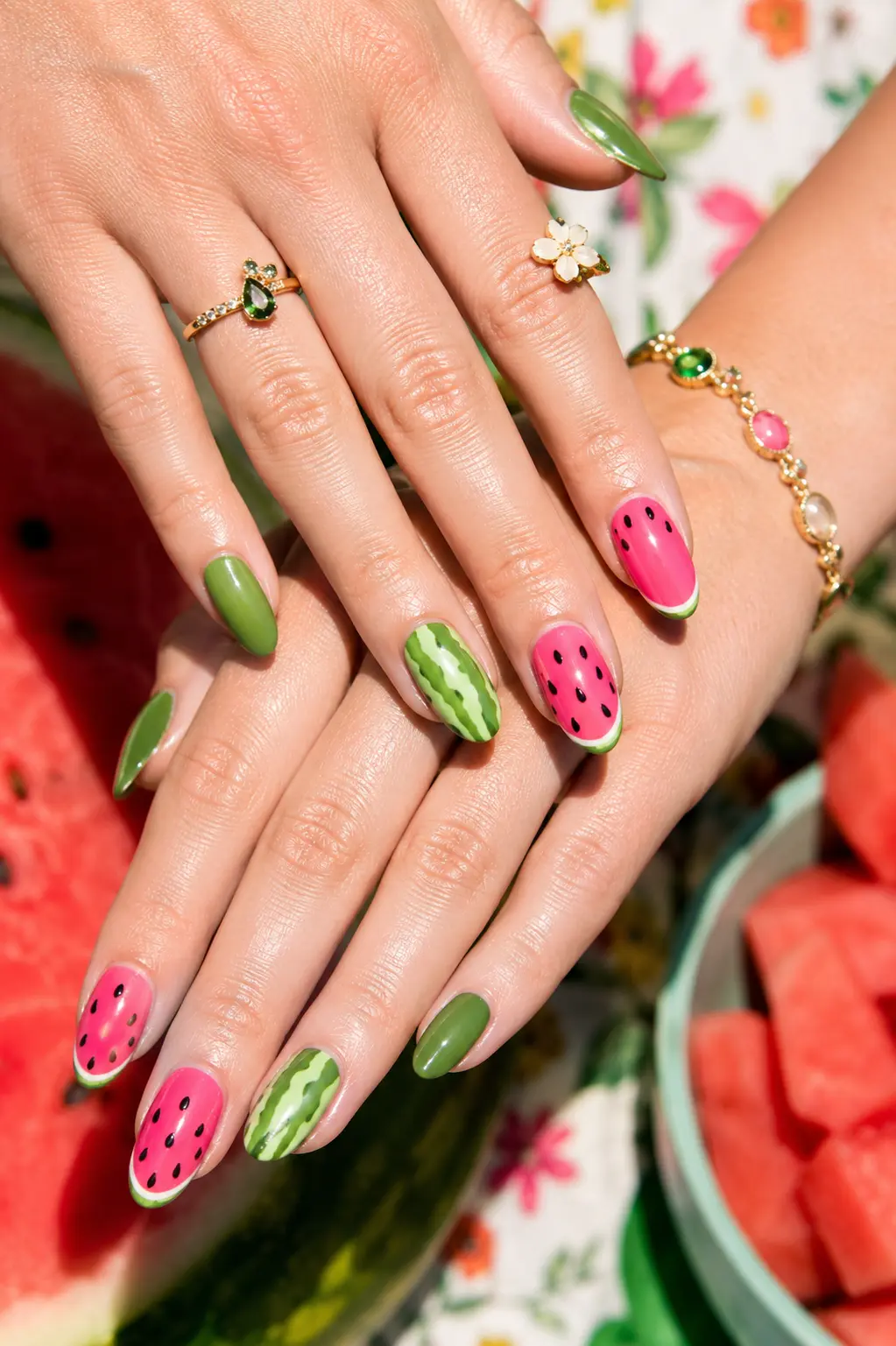 close-up of English woman’s hands featuring glossy watermelon summer July nail designs with pink and green fruit nail art, watermelon seed details, clean cuticles, gold jewelry, and bright natural sunlight.