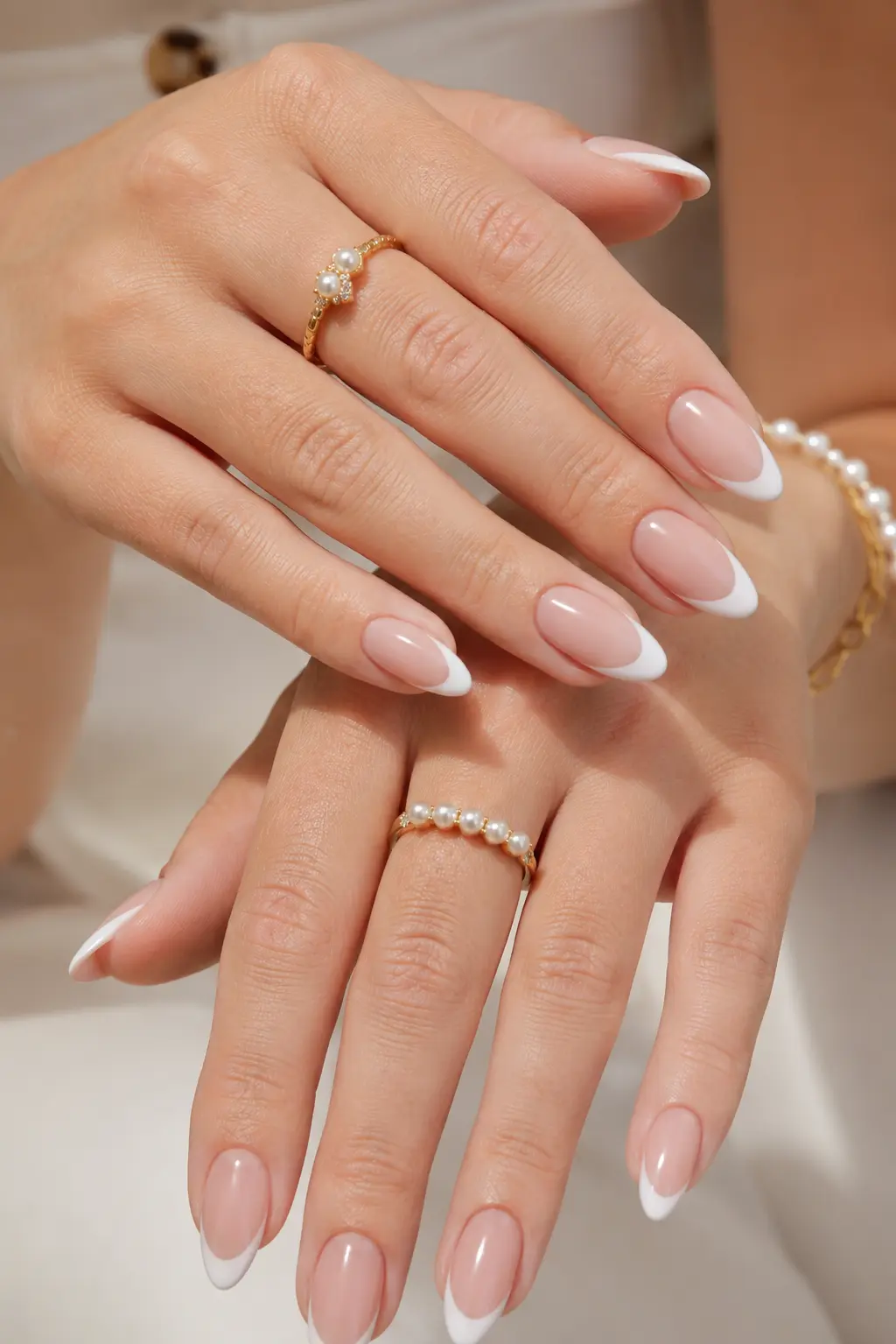 women’s hands featuring classic white French tip almond nails, glossy nude manicure, pearl details